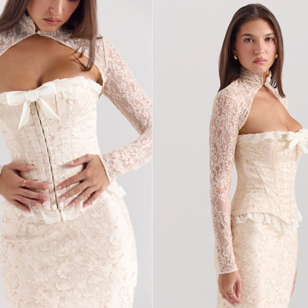 House of CB ‘Perdita’ & ‘Mara’ Ivory Metallic jacquard corset, bolero maxi Set - Picture 4 of 11